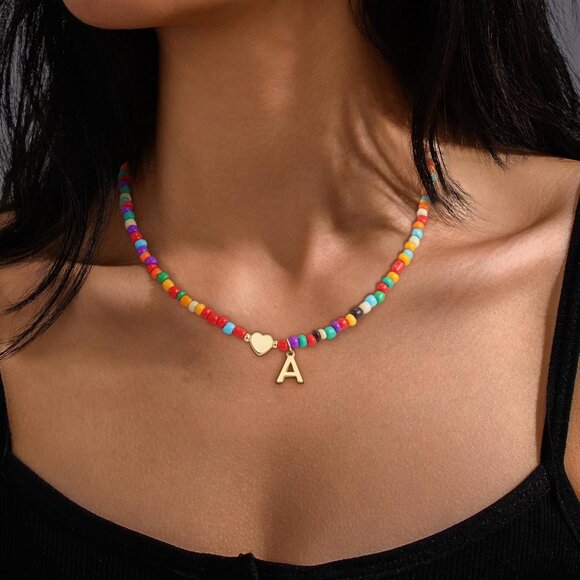 Personalized Colorful Initial Necklace for Girls - Adjustable Beaded Choker Gift - Picture 4 of 7